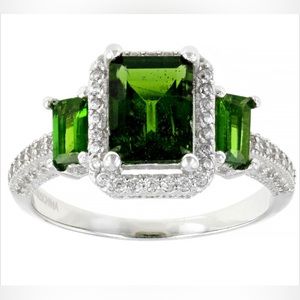 Green Chrome Diopside, White Zircon, Rhodium/Sterling Silver Ring